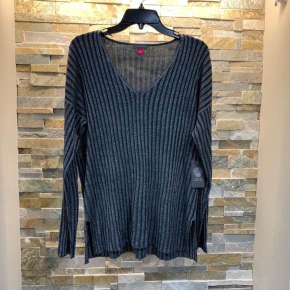 Vince Camuto Metallic Stripe V-Neck Sweater - Picture 3 of 5